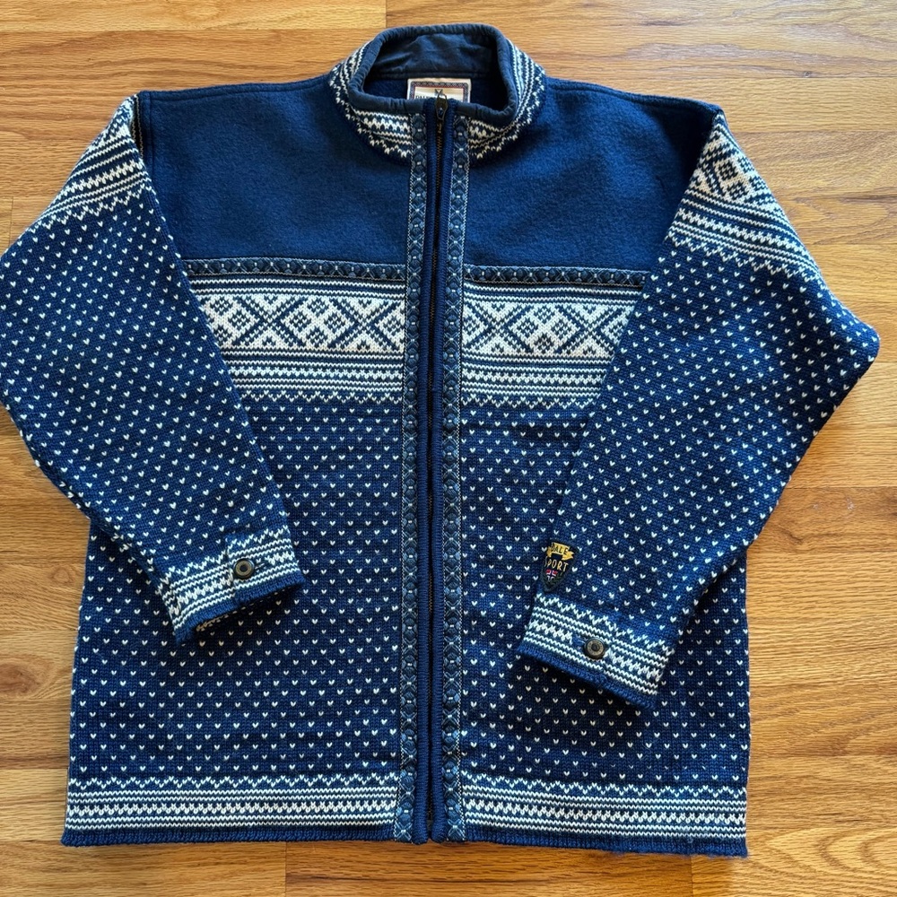 Navy and White Patterned Zip-Up Sweater